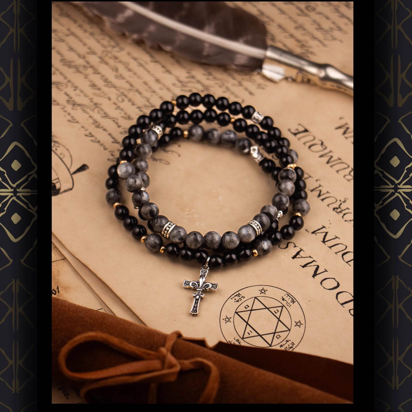 Obsidian Cross Beaded Bracelet for Men - Stackable Stone Gift for Him - Voidstone Atelier