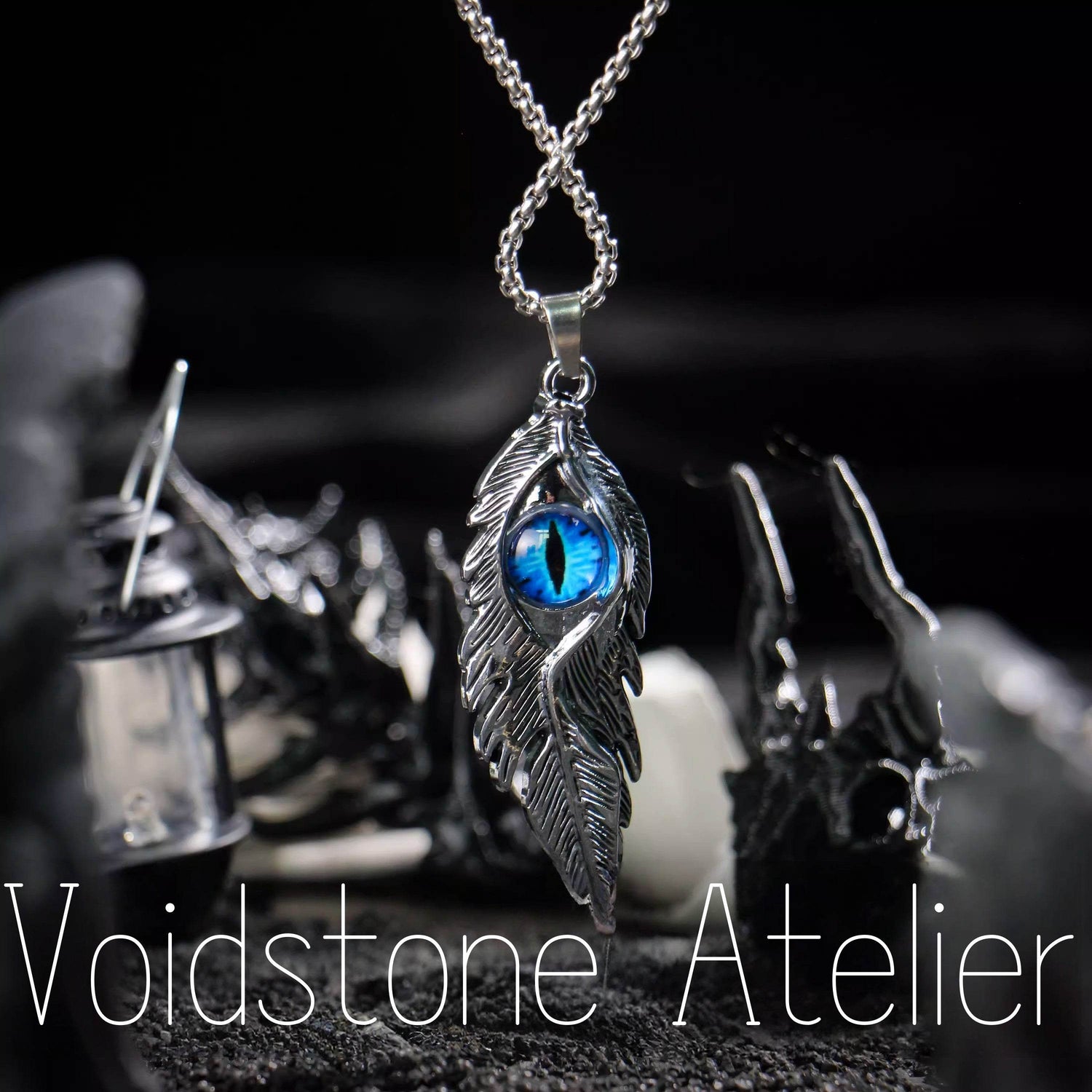 Azure Feather Eye Pendant Necklace - 3D Textured Titanium Steel (Unisex Elegant Statement Jewelry) - Voidstone Atelier
